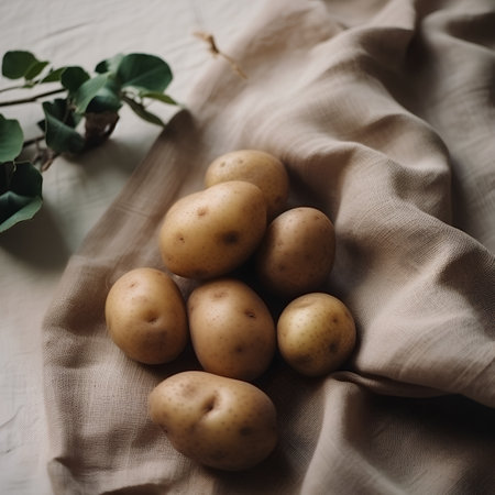 Potatoes on a linen tablecloth with eucalyptus branchの素材