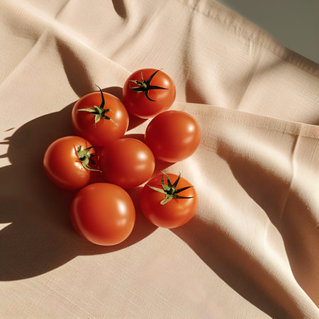 Ripe red tomatoes on a beige cloth, close-upの素材