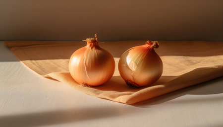 Two onions on a linen napkin. Onions on a light background.の素材