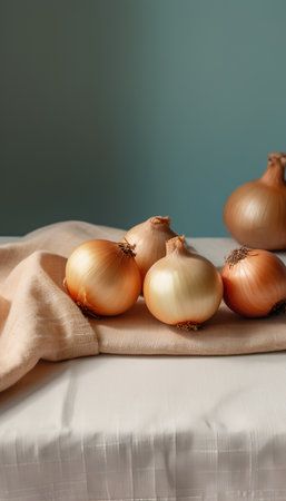 Fresh onions on a linen tablecloth, close-up, selective focusの素材