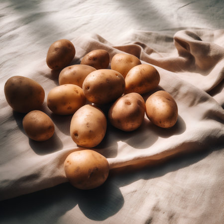 Fresh potatoes on a linen tablecloth. Toned. Copy space.の素材