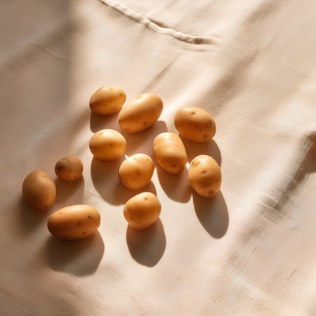 Potatoes on a beige tablecloth. Flat lay, top view.の素材