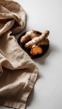 Fresh ginger root on a wooden plate with a cloth on a white background.の素材