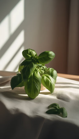 Fresh basil leaves on a table in sunlight. Selective focus.の素材