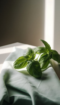 Fresh basil leaves on a linen tablecloth in sunlight. Selective focus.の素材