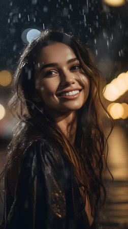 Portrait of a beautiful young woman in the rain at night.の素材