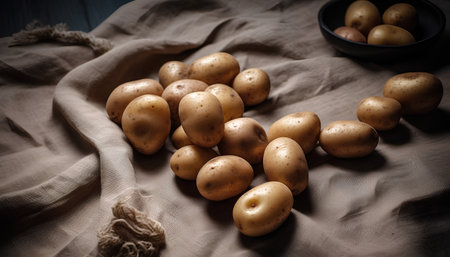 Raw potatoes on sackcloth on wooden table. Selective focus. Toned.の素材