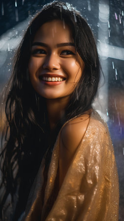 Portrait of a beautiful smiling asian woman in the rain.の素材