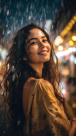 Portrait of a beautiful young brunette woman in the rain.の素材
