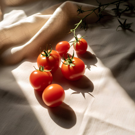 Ripe red cherry tomatoes on a branch on a white tablecloth.の素材