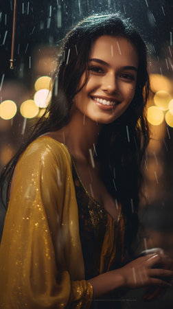 Portrait of a beautiful smiling young woman in the rain, outdoorsの素材