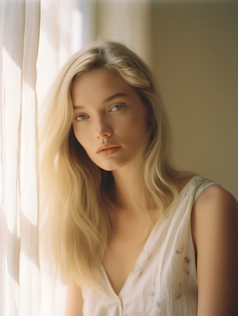 portrait of a beautiful blonde girl in a white dress near the windowの素材