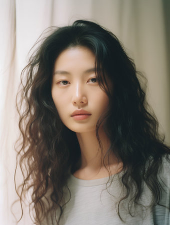 Portrait of beautiful young asian woman with long curly hair.の素材