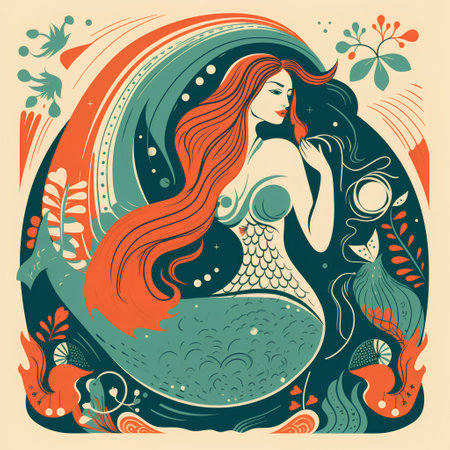 Beautiful mermaid in the sea. Vector illustration in retro style.の素材