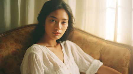 Portrait of a young beautiful asian woman in white shirt.の素材