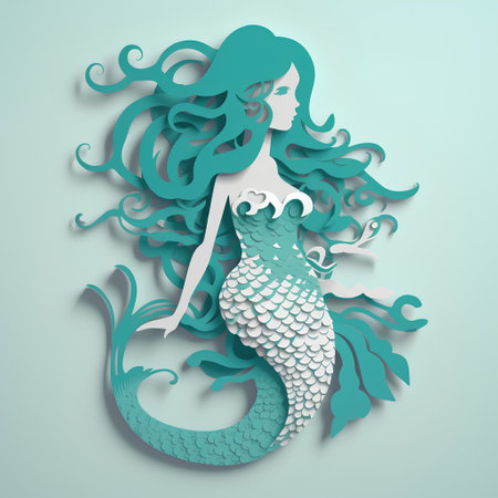 Mermaid with long curly hair. Paper cut style. Vector illustration.の素材