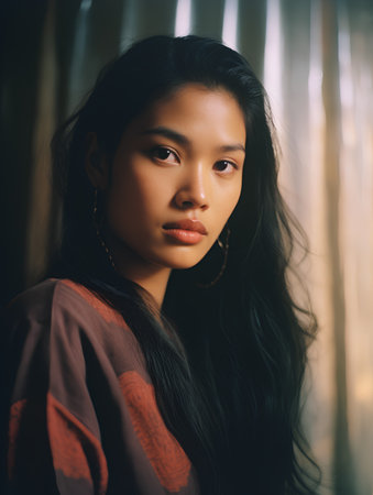 Portrait of a beautiful asian woman in a room with curtainsの素材