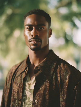 Portrait of handsome african american man looking at camera outdoorsの素材