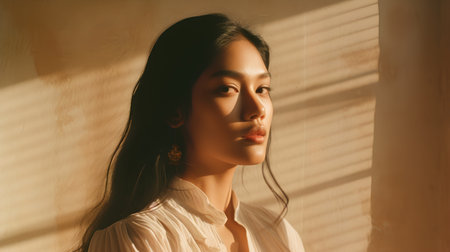 Portrait of a beautiful young asian woman in white shirt with shadow on the wall.の素材