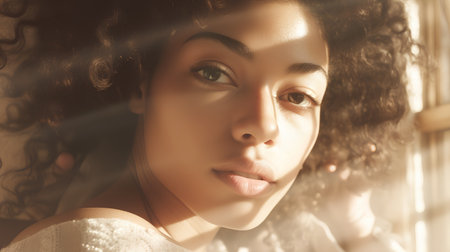 Portrait of a beautiful young woman with curly hair. Beauty, fashion.の素材