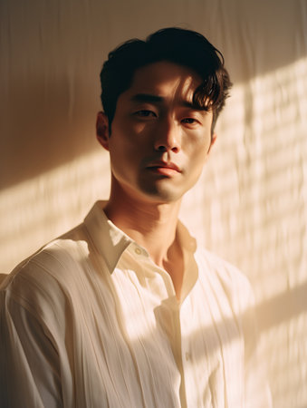 Portrait of handsome asian man in white shirt looking at camera.の素材