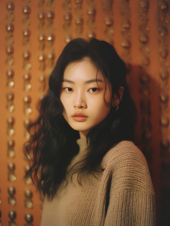 Portrait of young beautiful asian woman with long black hair and brown sweaterの素材