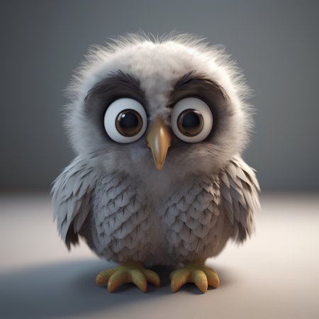 Cute owl with big eyes. 3D render illustration over grey background.の素材