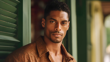 Portrait of a handsome young African American man in a shirt looking at the camera.の素材
