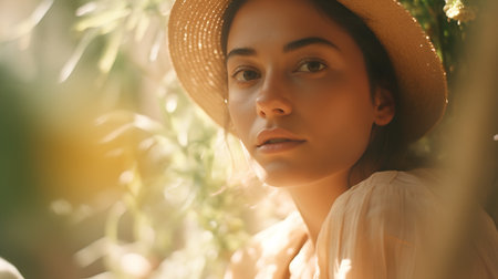 Portrait of a beautiful young woman in a straw hat on a background of greenery.の素材