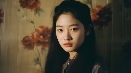 Portrait of a beautiful young asian woman with long black hairの素材