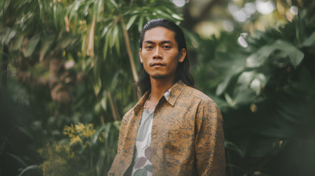 Portrait of a handsome young Asian man in a green garden.の素材