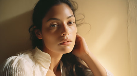 Portrait of a beautiful young woman with long hair in a white shirtの素材