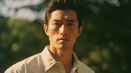 Portrait of a handsome asian man in the park at sunsetの素材