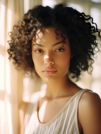 Portrait of a beautiful african american woman with curly hairの素材