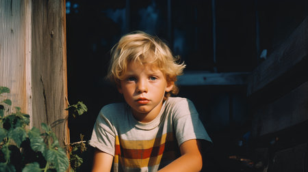 Portrait of a boy with blond hair in a striped T-shirtの素材