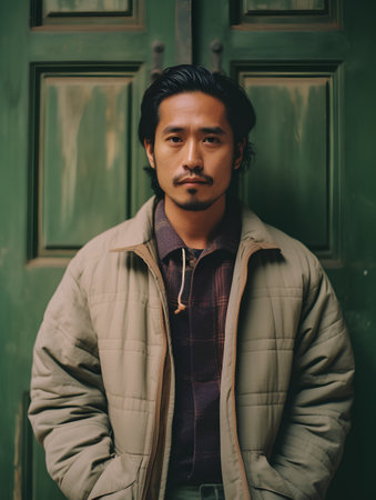 Portrait of a handsome asian man wearing winter jacket and looking at cameraの素材