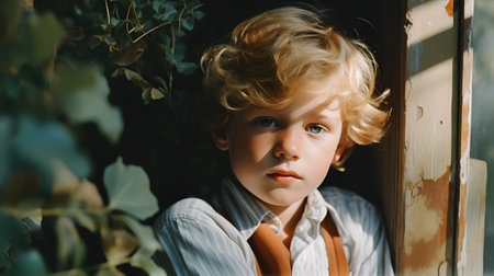 Cute little boy with blond curly hair and blue eyes in white shirt looking out the windowの素材