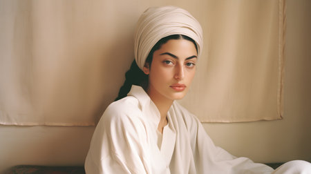 Portrait of a beautiful young woman with turban on her headの素材