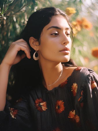 Portrait of a beautiful young woman in a field of flowers.の素材