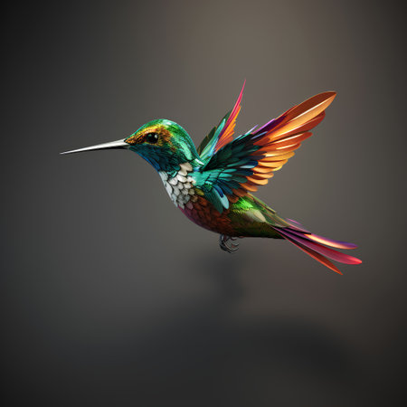 Hummingbird with colorful wings. 3d render on gray backgroundの素材