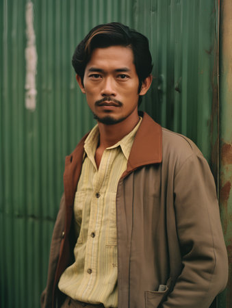 Portrait of a handsome asian man in a green corrugated iron wallの素材