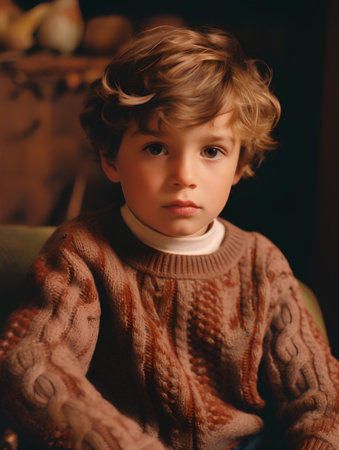 Portrait of a cute little boy in a warm knitted sweater.の素材