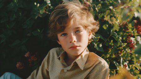portrait of a little boy with blond hair and blue eyes in the parkの素材