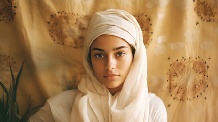 Portrait of a beautiful young woman in a headscarf.の素材