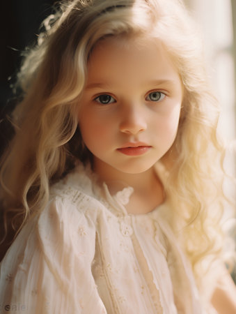 Portrait of a beautiful little girl with long blond curly hair.の素材