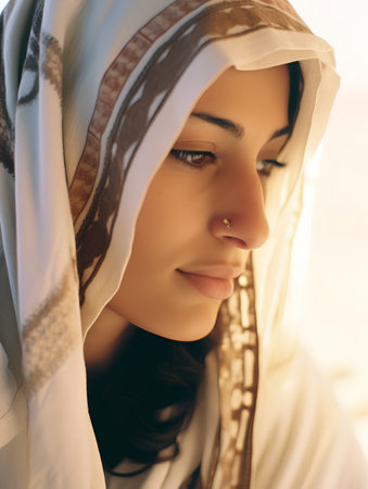 Portrait of a beautiful young muslim woman in a white dressの素材