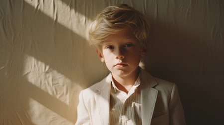 portrait of cute little boy in white shirt and jacket looking at cameraの素材