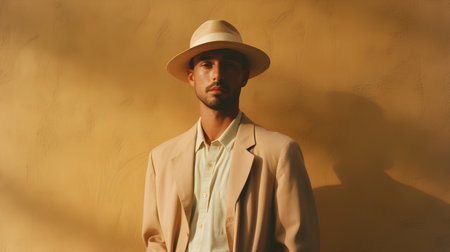 Handsome young man in beige suit and white hat.の素材