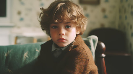 Portrait of a cute little boy with blond hair wearing a brown sweater.の素材