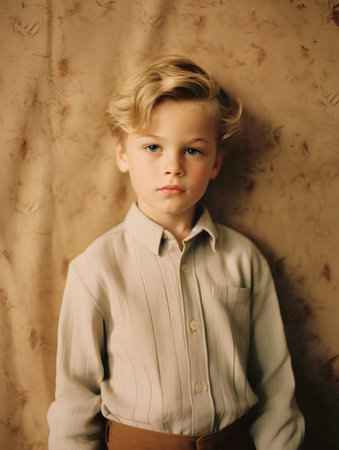 Portrait of a cute little boy with blond hair. Studio shot.の素材